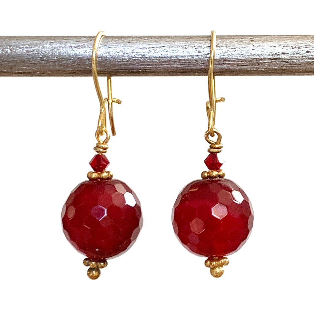 Ruby Coloured Faceted Globe Earrings