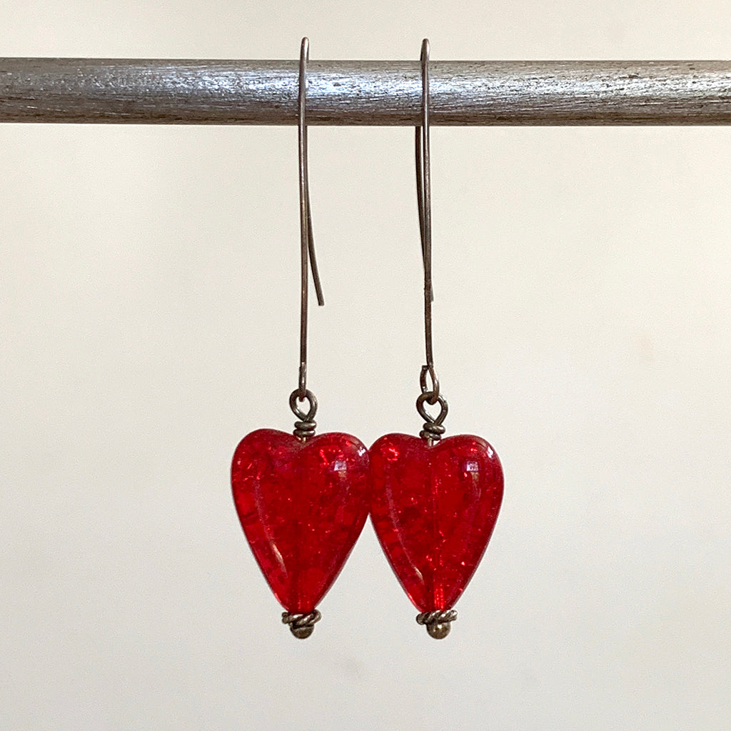 Crackled Red Glass Heart Arc Earrings