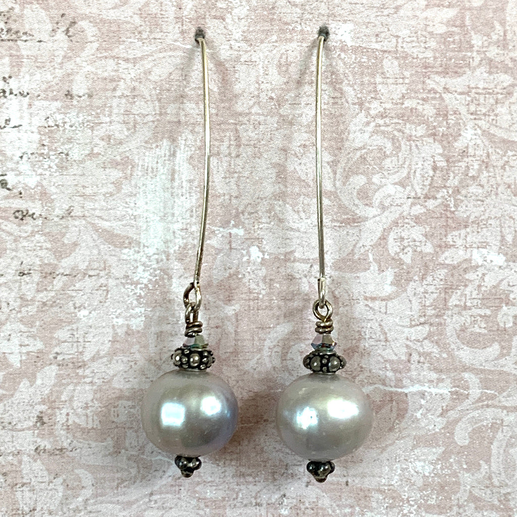 Large Dove Grey Pearls on Silver Arc Earrings