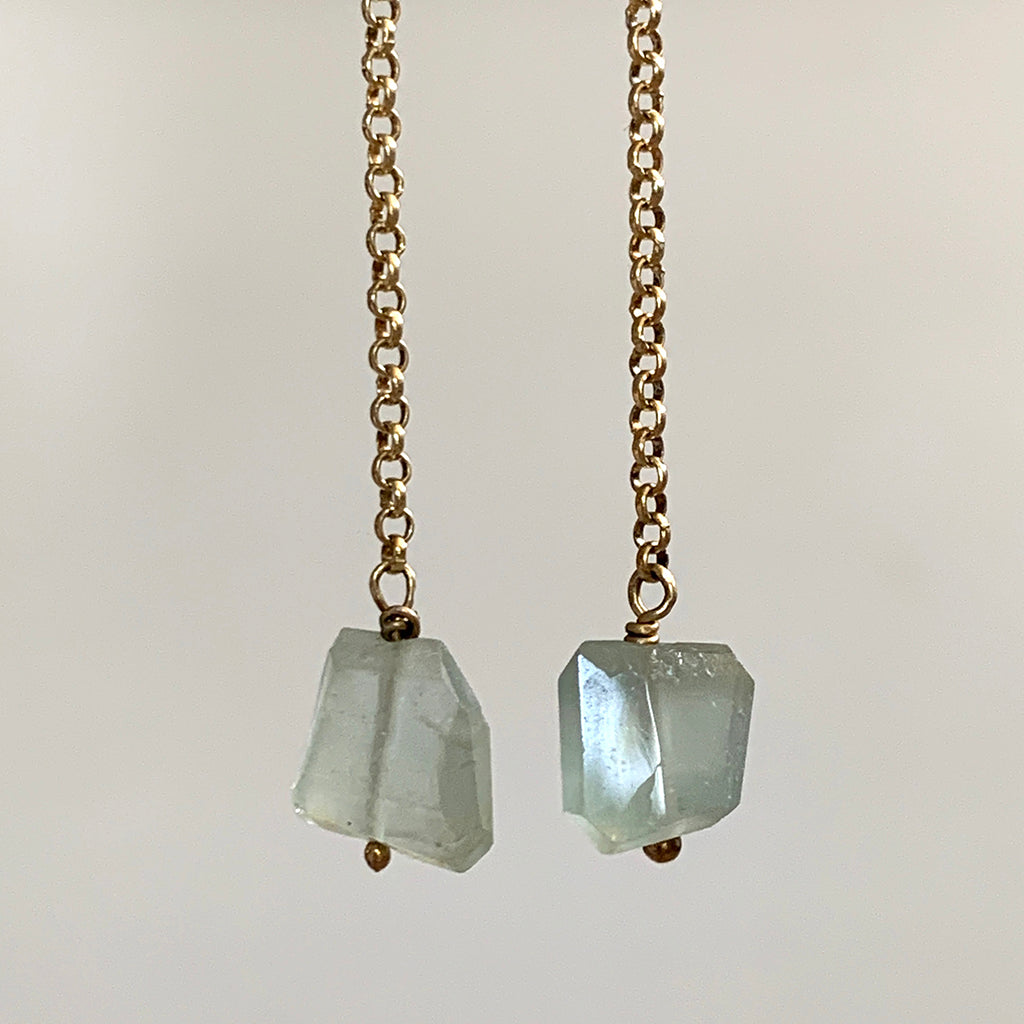 Rough Faceted Aquamarines on Gold Chain Earrings