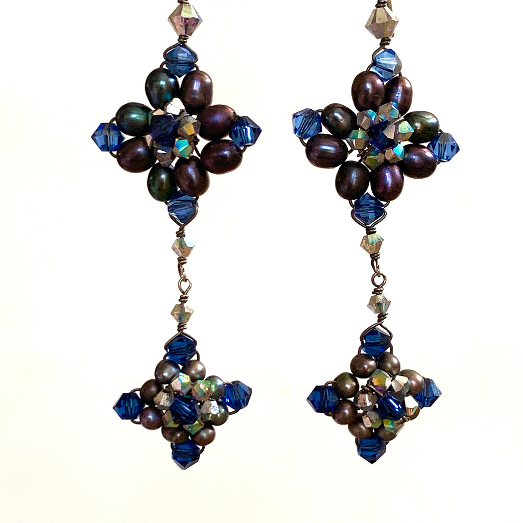 Navy Pearl & Crystal Baroque Style Earrings