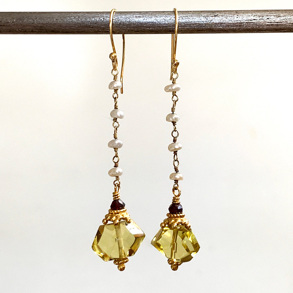 Lemon Quartz Faceted Nuggets on Gold Pearl Chain Earrings