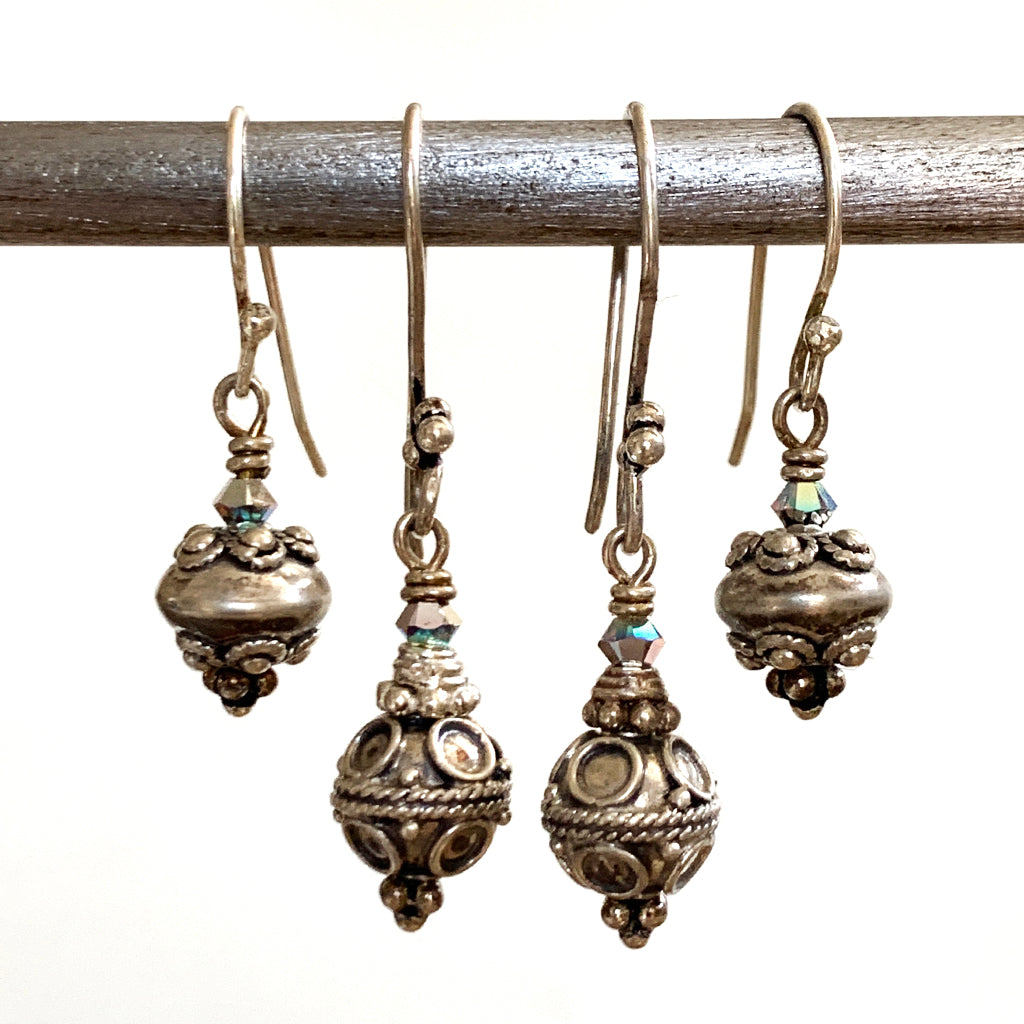 Small Elaborate Round Silver Bead Earrings