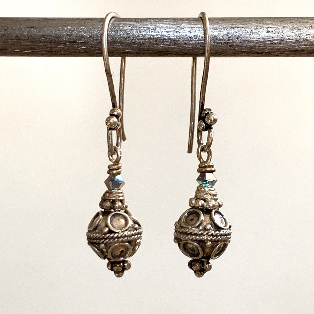 Small Elaborate Round Silver Bead Earrings