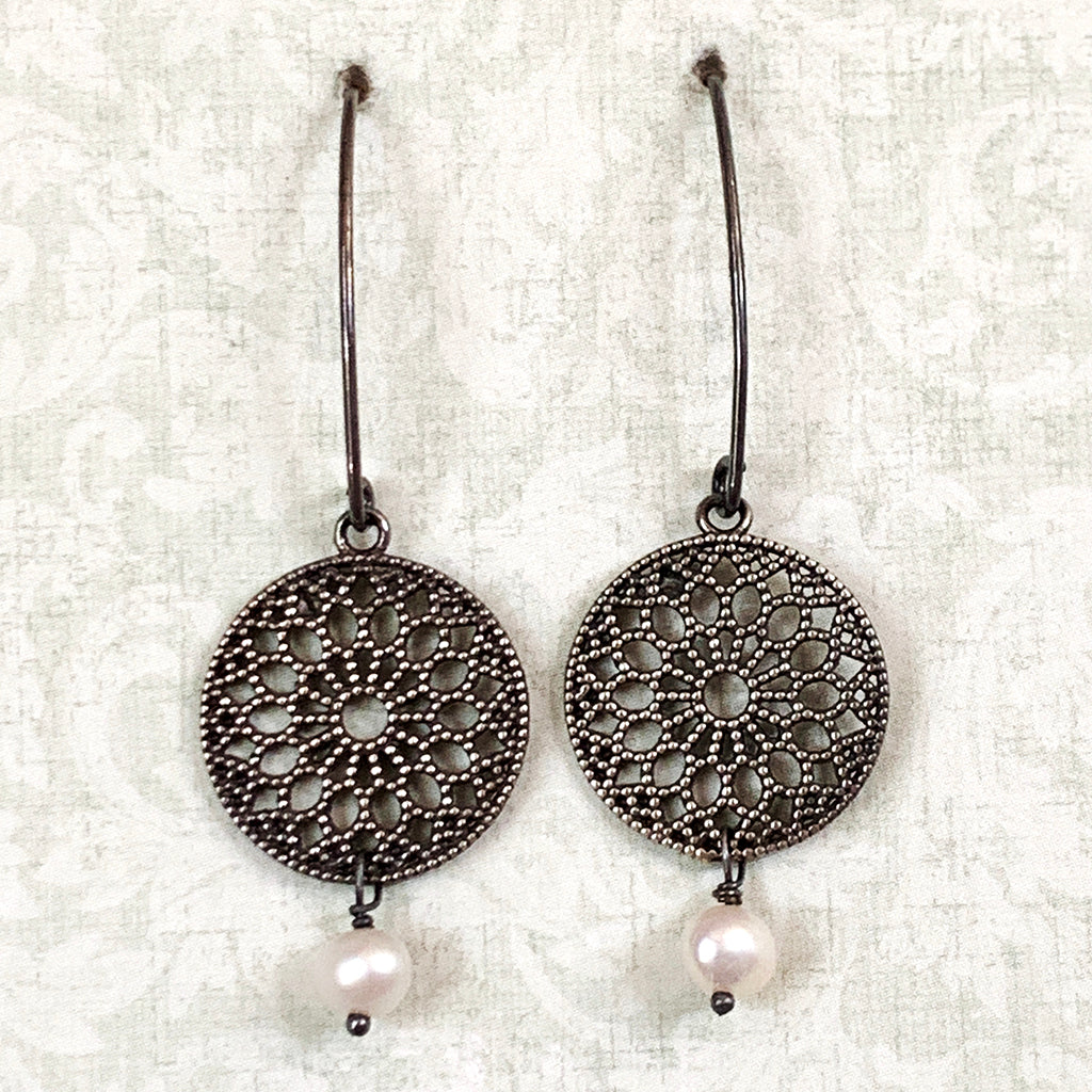 Oxidised Silver Discs with Small Drop Pearl on Short Arc Earrings