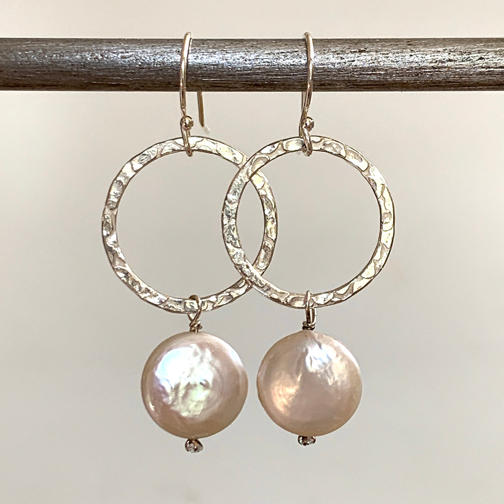 Silver Hoop With Coin Pearl Drop Earrings