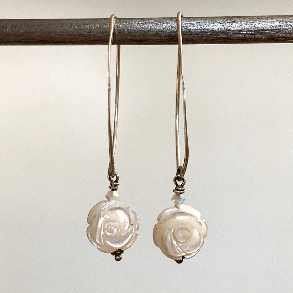 Mother of Pearl Rose on Silver Arc Earrings