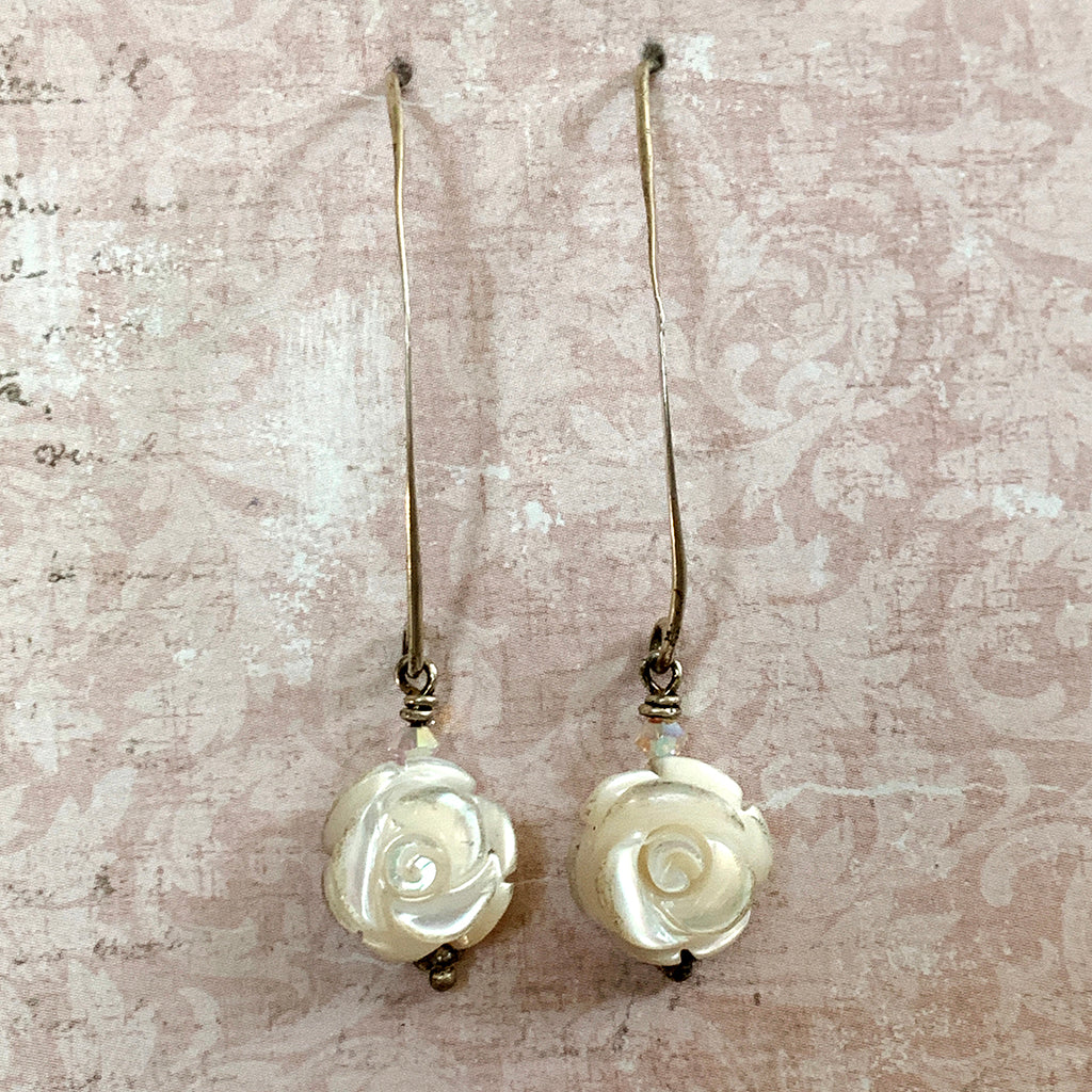 Mother of Pearl Rose on Silver Arc Earrings