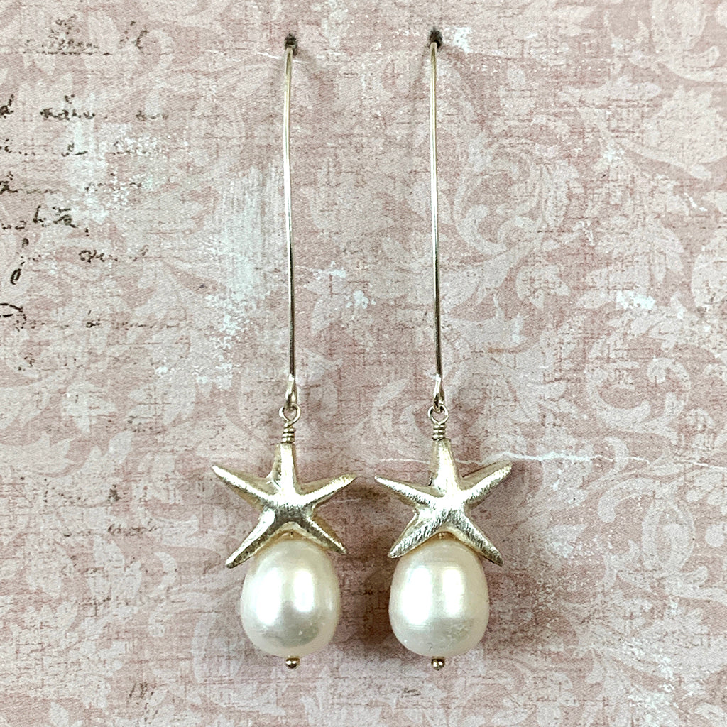 Silver Starfish & Large Pearl Arc Earrings
