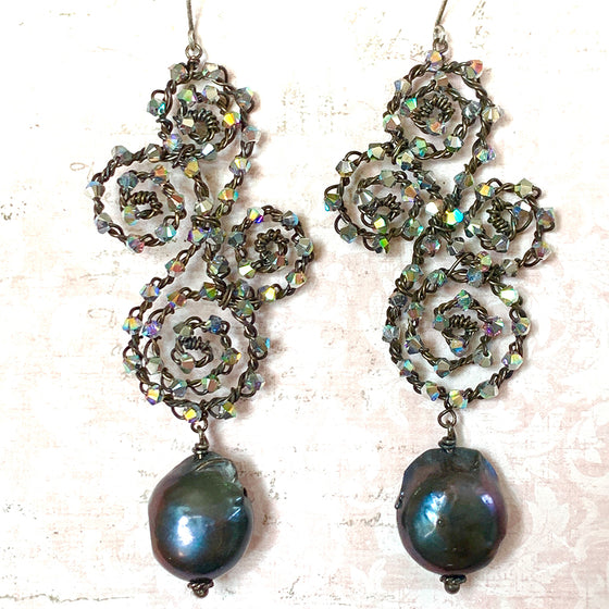 Elaborate Crystal Scrolls with Extra Large Pearl Drop on Oxidised Silver Earrings