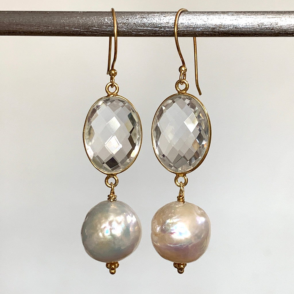 Extra Large Moon Pearl & Oval Rock Crystal Earrings