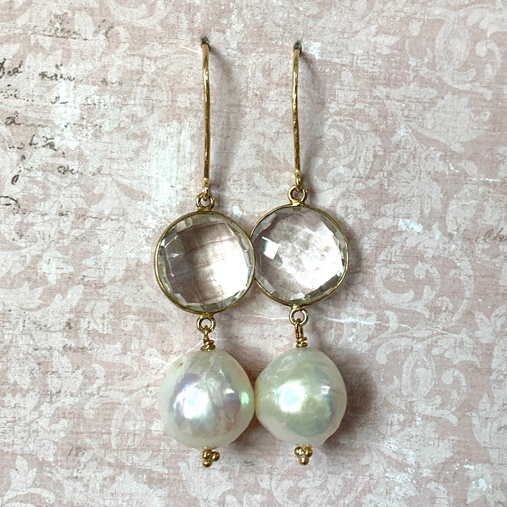 Extra Large Moon Pearl & Round Rock Crystal Earrings