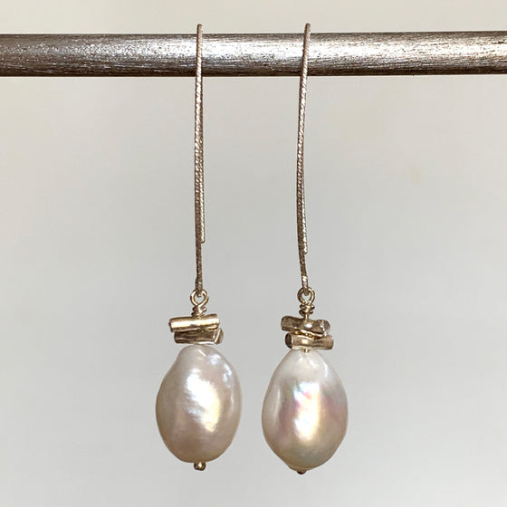 Large Baroque Drop Pearl and Silver Tube Arc Earrings