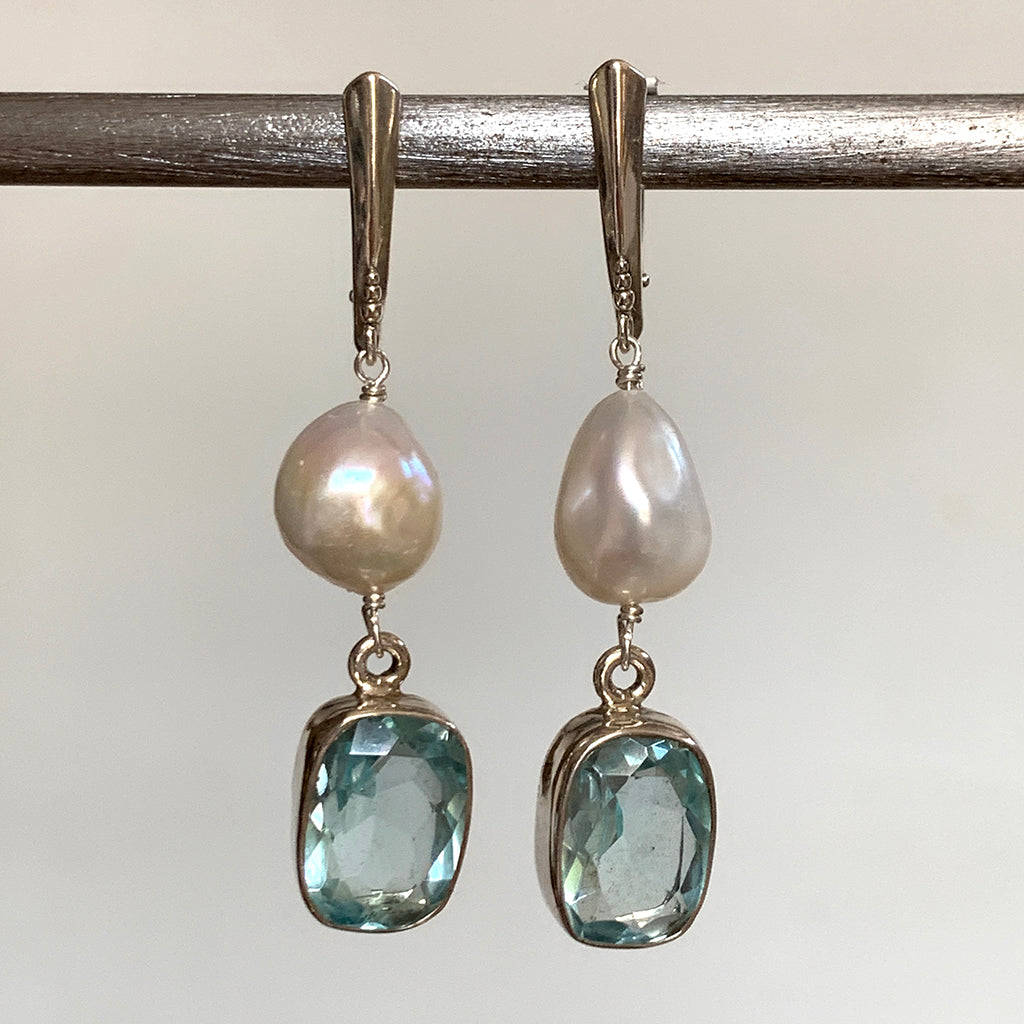 Pearl and Silver Set Blue Topaz Earrings