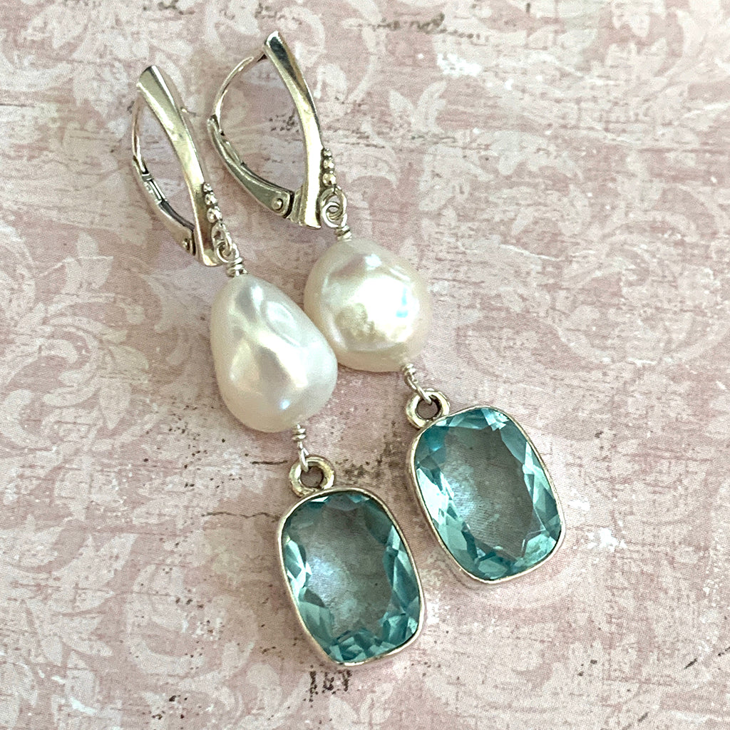 Pearl and Silver Set Blue Topaz Earrings