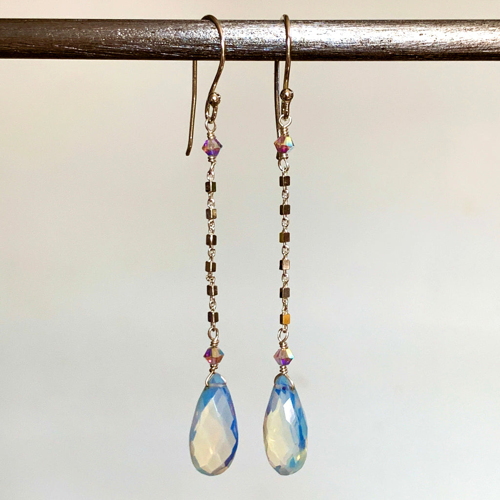 Faceted Opalite Tear Drop on a Square Silver Link Chain Earrings