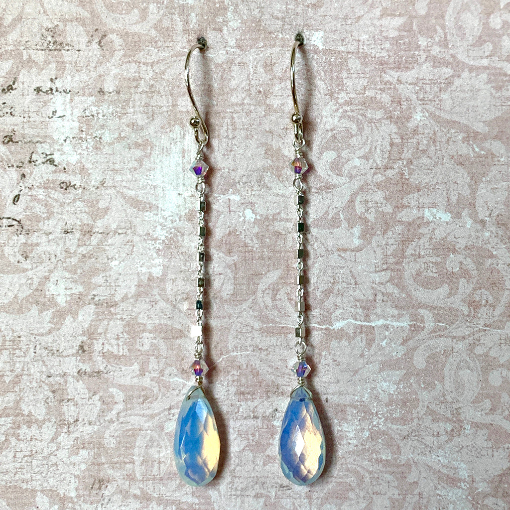 Faceted Opalite Tear Drop on a Square Silver Link Chain Earrings