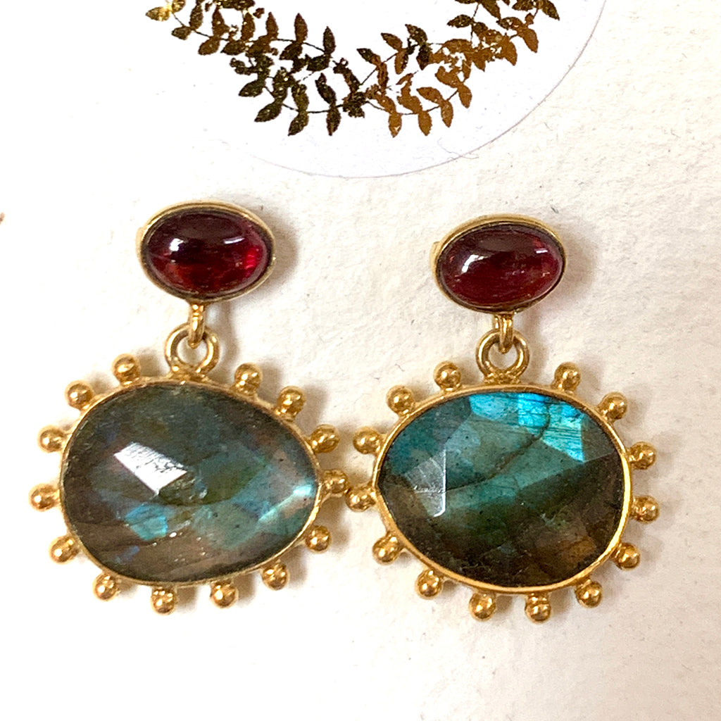 Dotted Labradorite and Garnet Earrings