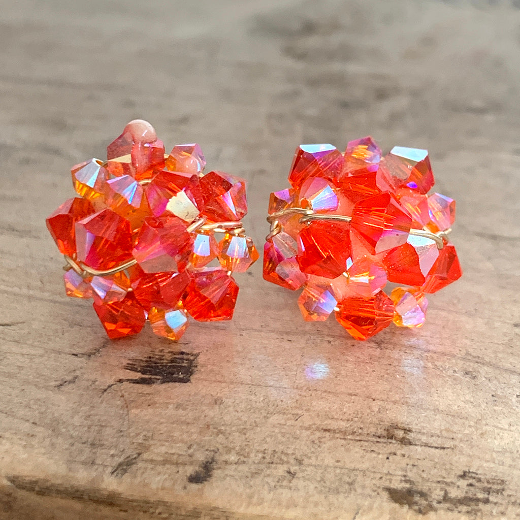 Orange Crystal Cluster Stud Earrings