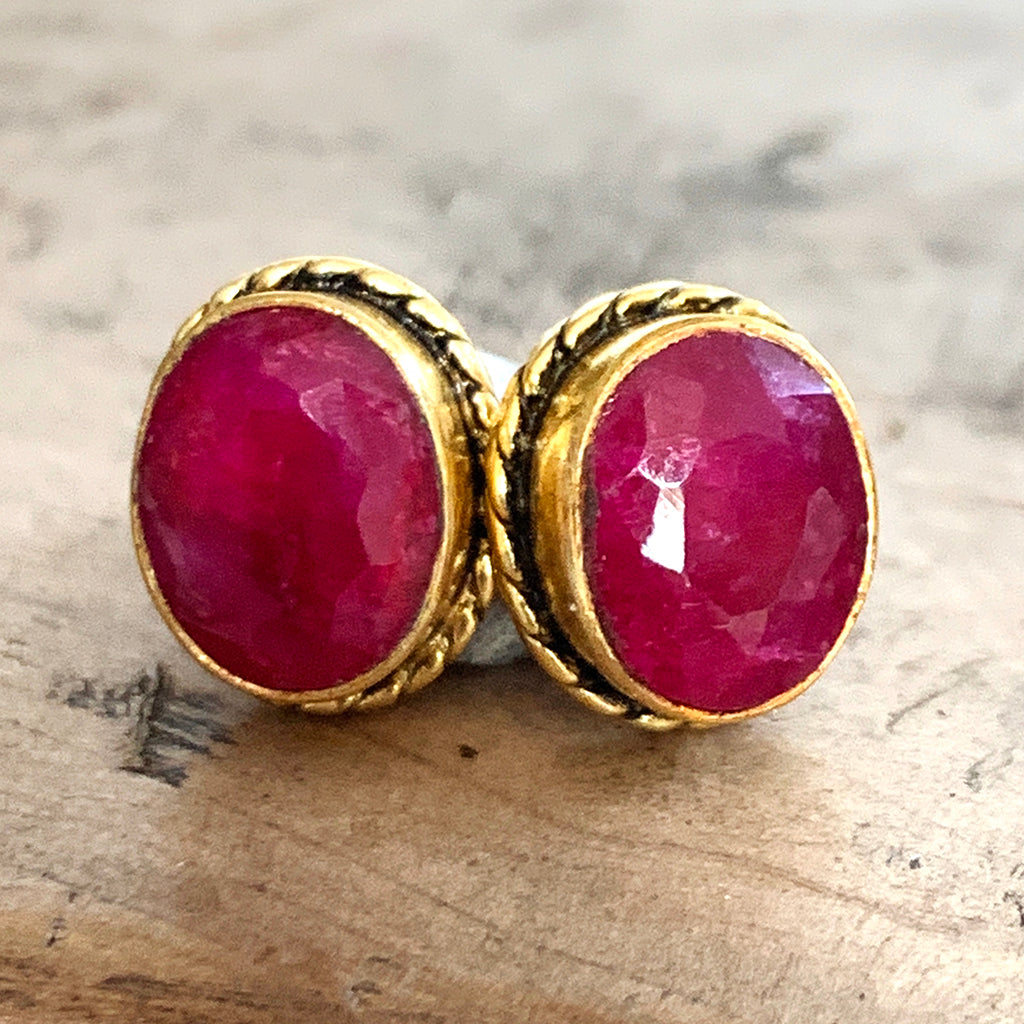 Large Oval Ruby and Gold Stud Earrings