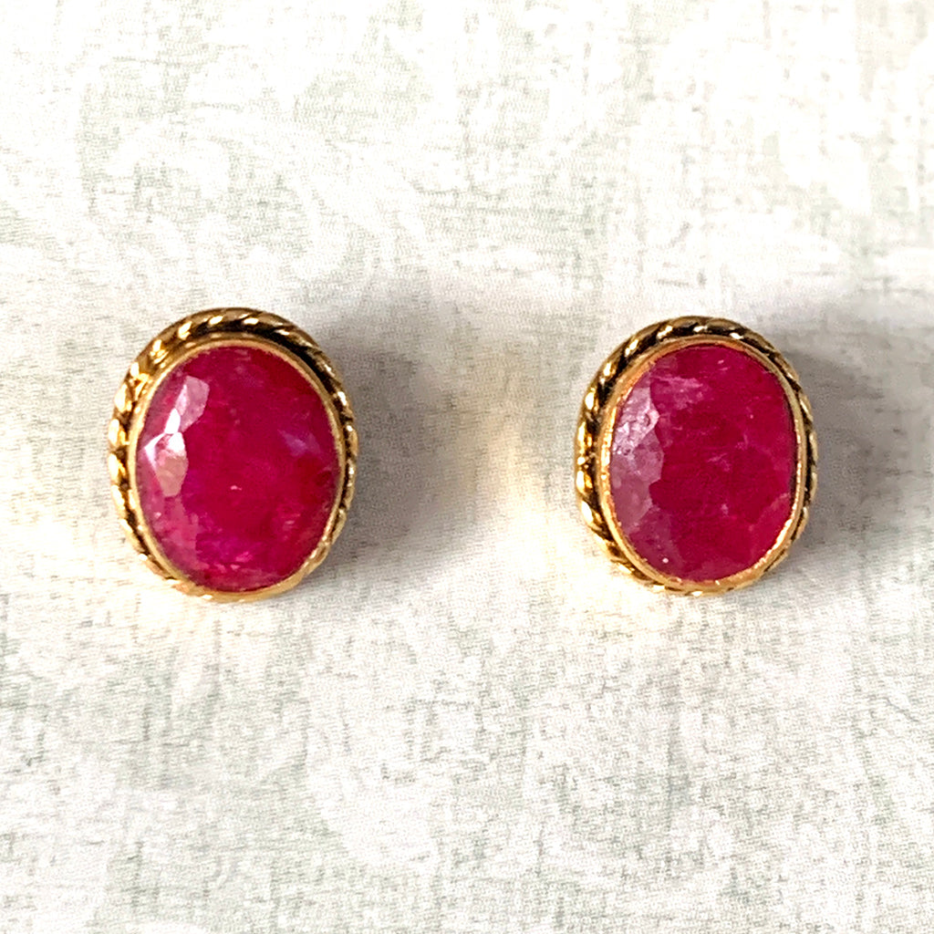 Large Oval Ruby and Gold Stud Earrings