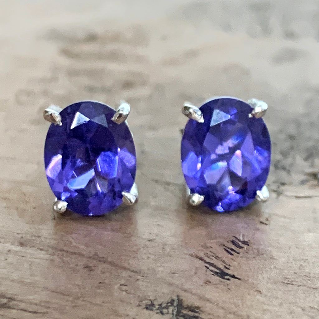 Tanzanite Cubic Zirconia Oval and Silver Stud Earrings