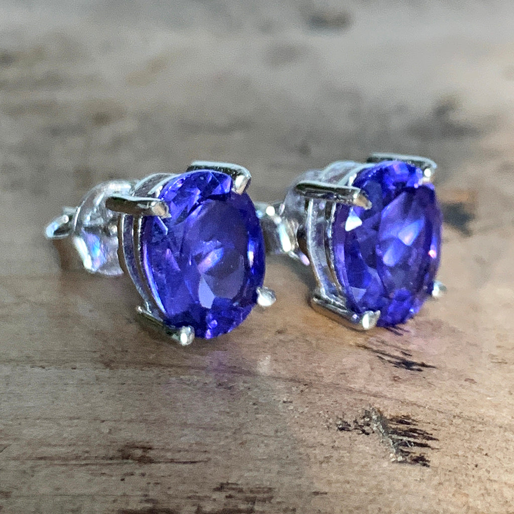 Tanzanite Cubic Zirconia Oval and Silver Stud Earrings