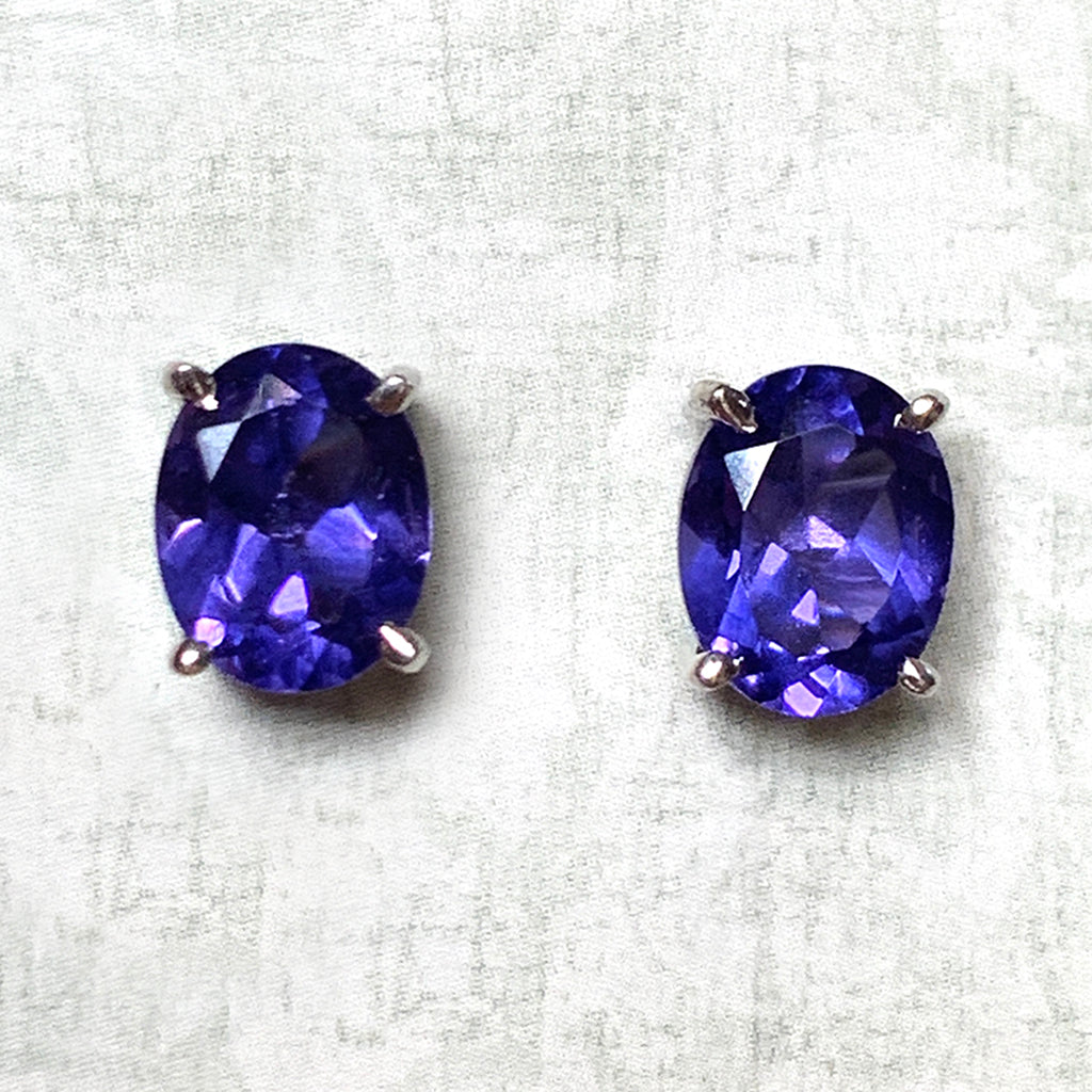 Tanzanite Cubic Zirconia Oval and Silver Stud Earrings