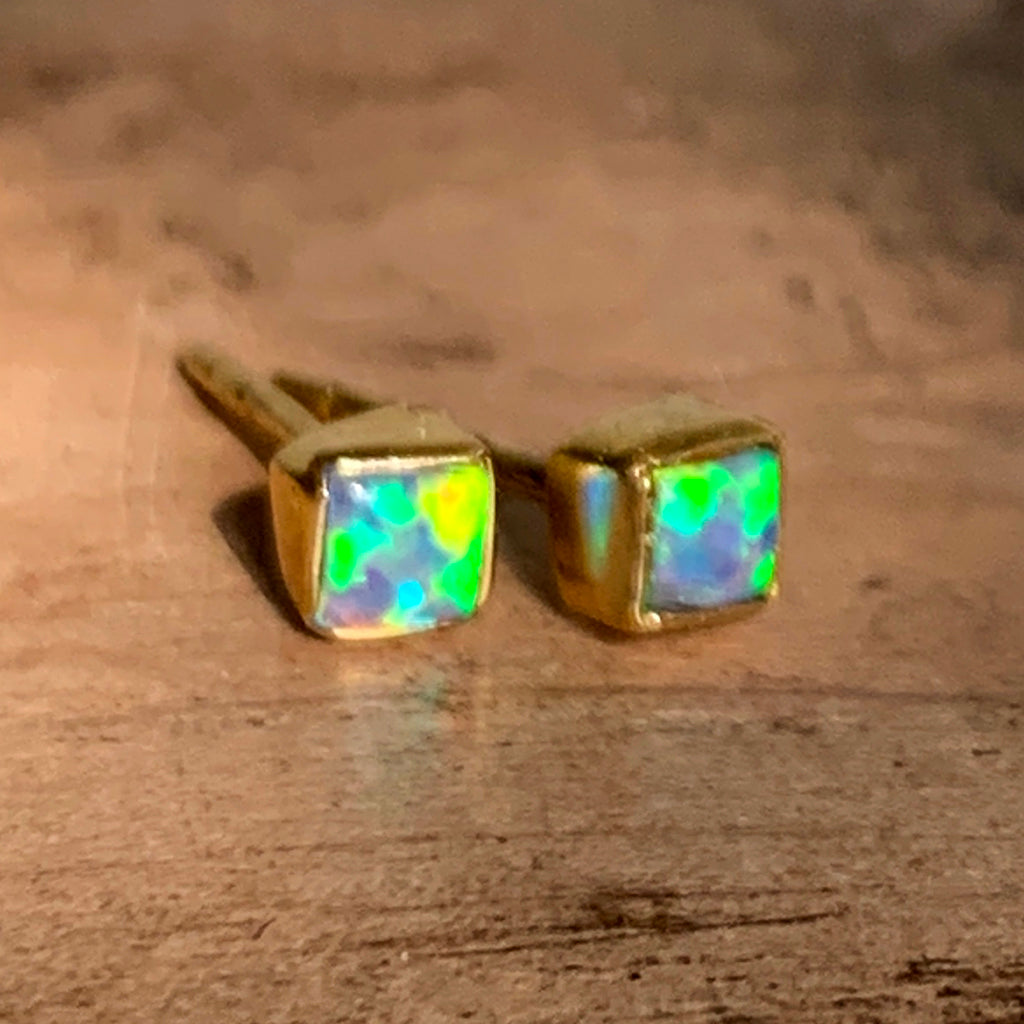 Small Square Genuine Opal Stud Earrings
