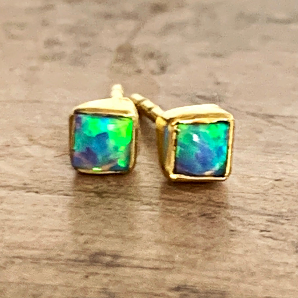 Small Square Genuine Opal Stud Earrings