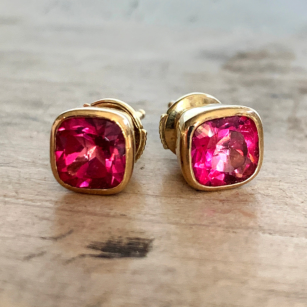 Pink Topaz Stud Earrings Hand Made in 9ct Gold
