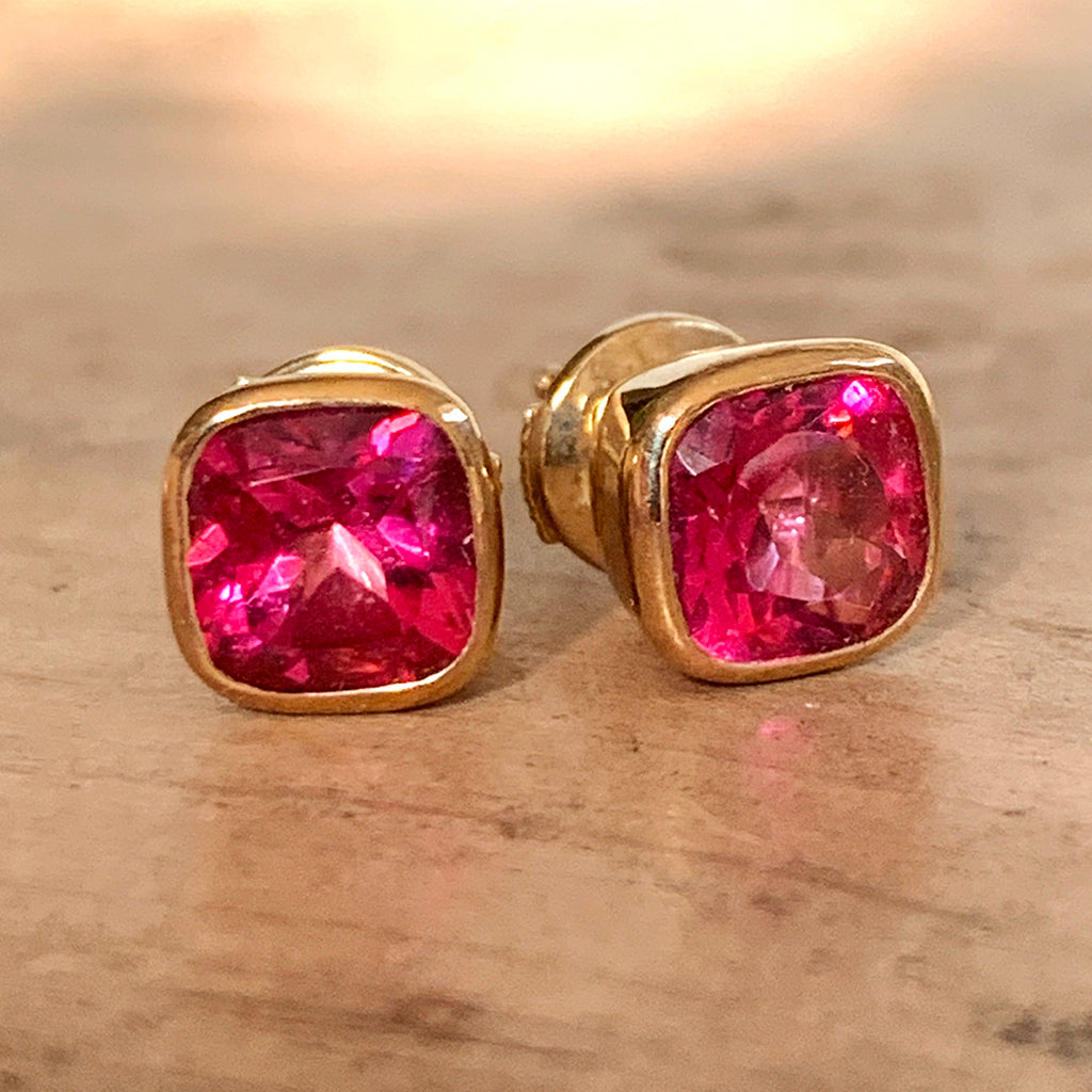 Pink Topaz Stud Earrings Hand Made in 9ct Gold