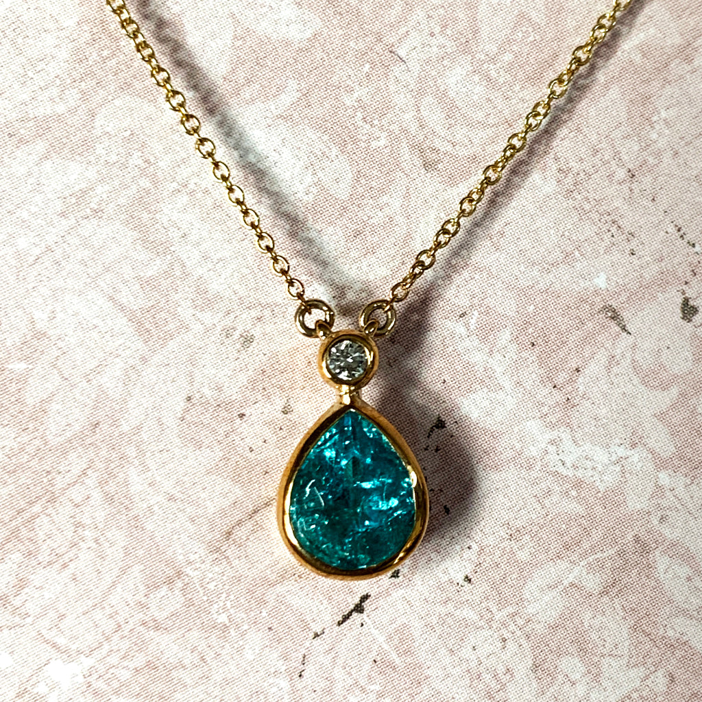 Apatite Drop and Diamond Pendant 9ct Gold Necklace