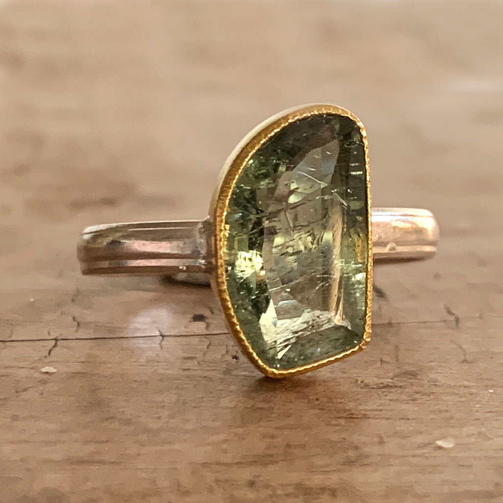 Irregular Green Tourmaline on Silver and Gold Ring