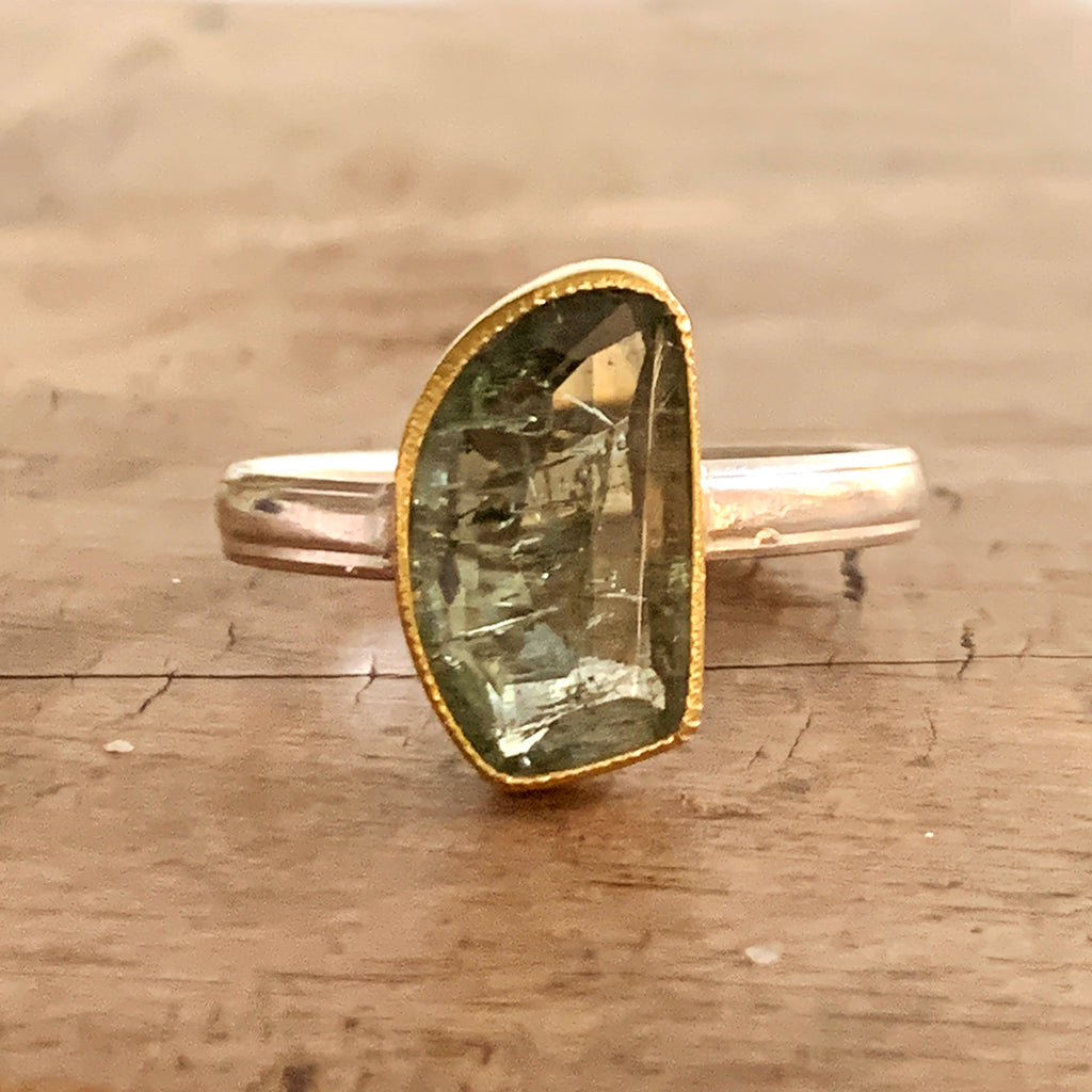 Irregular Green Tourmaline on Silver and Gold Ring