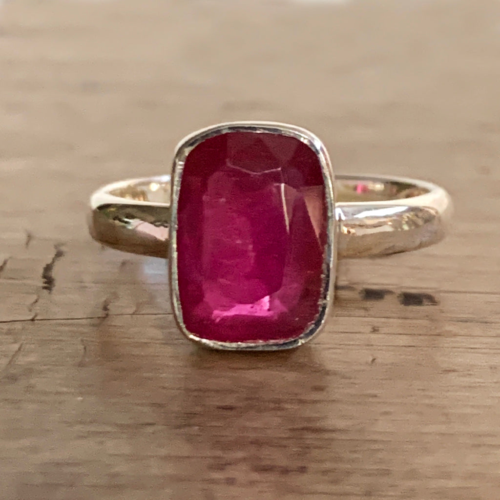 Soft Rectangular Ruby and Silver Ring