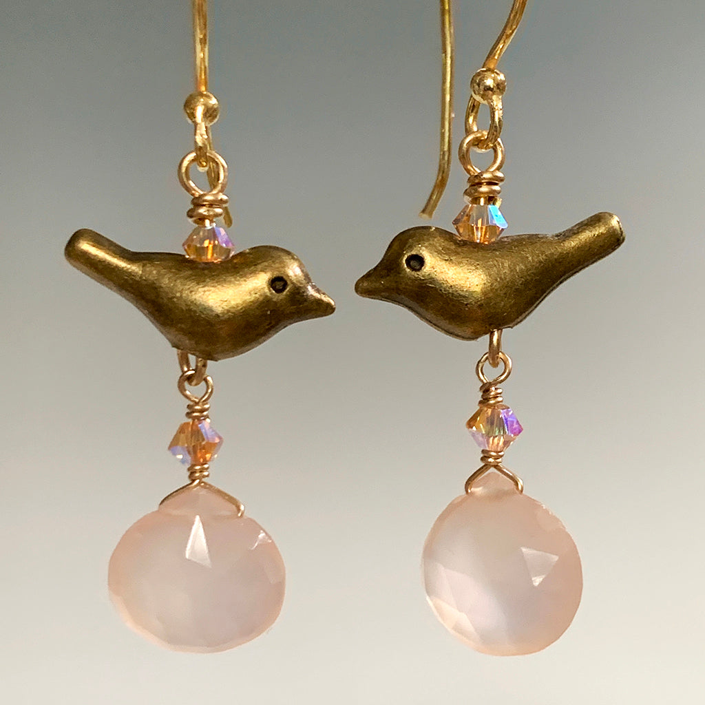 Little Bronze Birds with Faceted Pink Chalcedony Briolette Drop Earrings