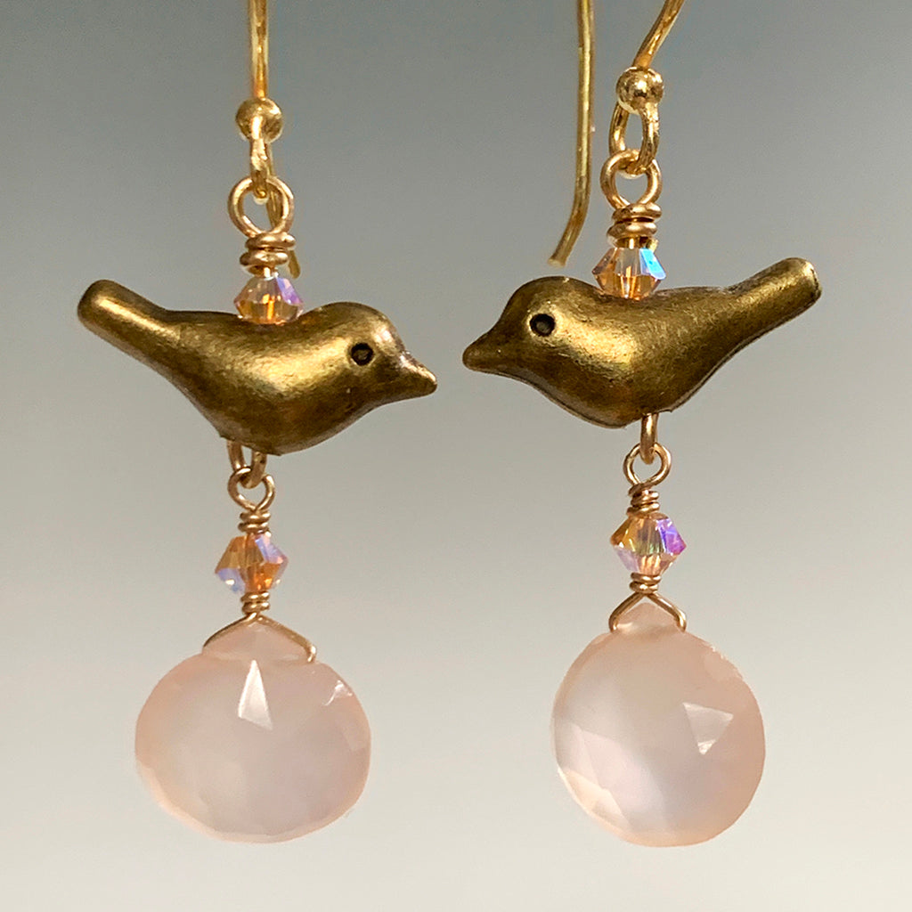 Bronze Bird & Pink Chalcedony Briolette Earrings