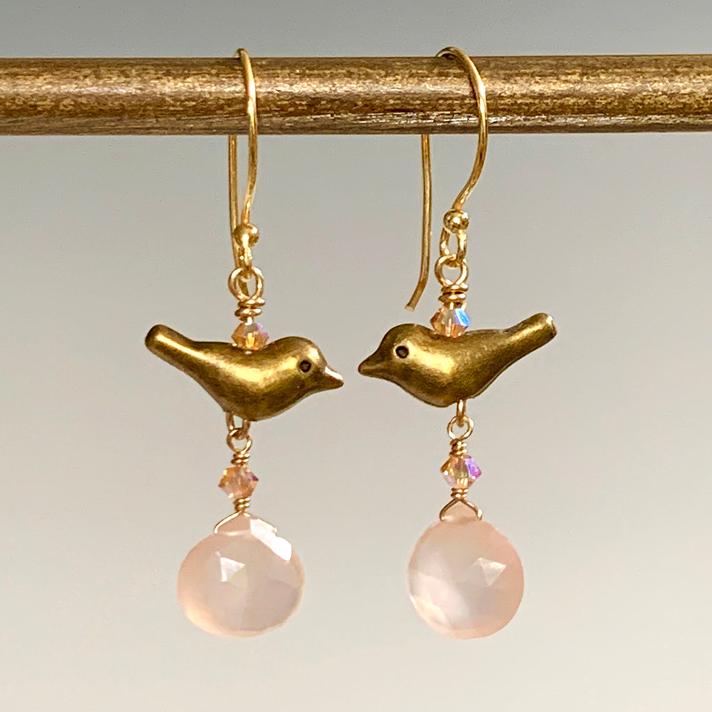 Little Bronze Birds with Faceted Pink Chalcedony Briolette Drop Earrings