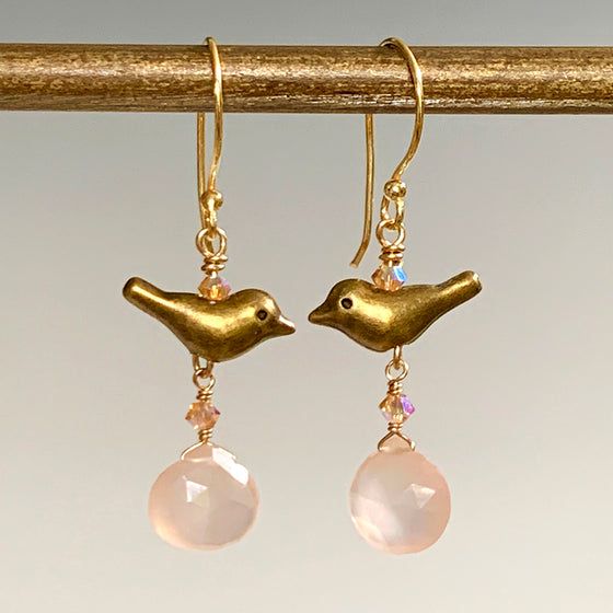 Bronze Bird & Pink Chalcedony Briolette Earrings