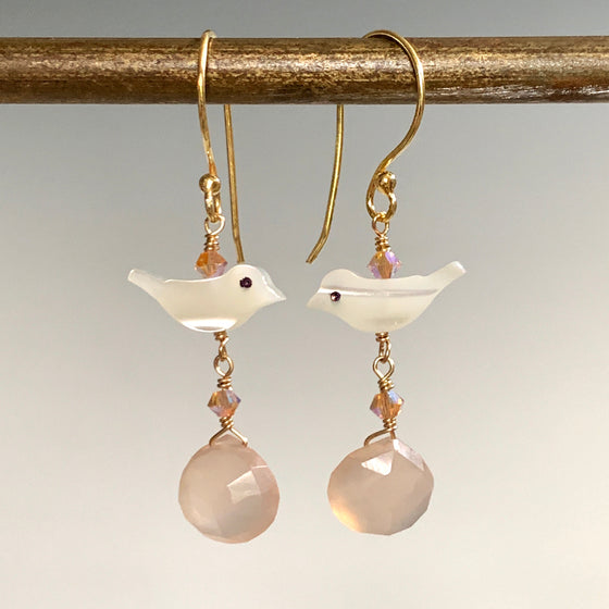 Small Mother of Pearl Birds with Faceted Pink Chalcedony Briolette Drop Earrings