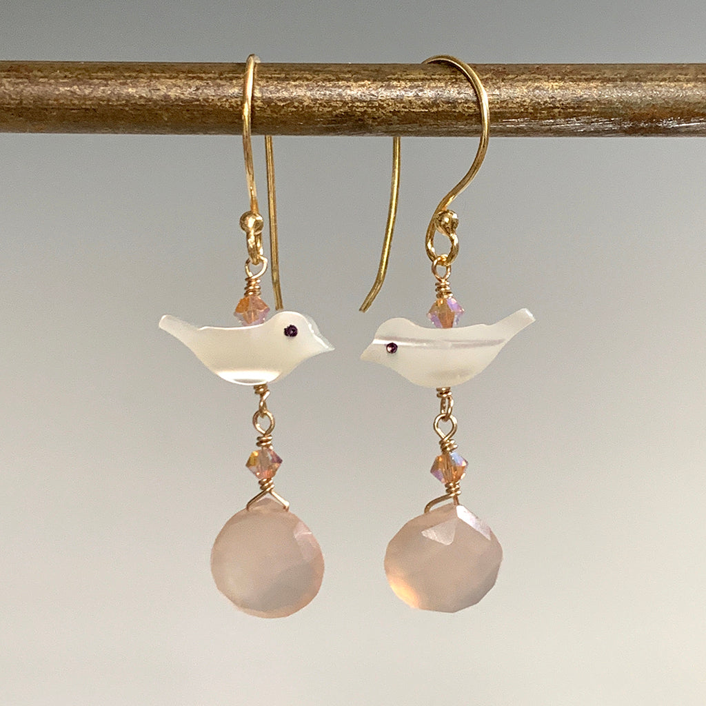Mother of Pearl Bird & Pink Chalcedony Briolette Earrings