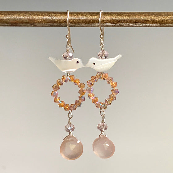 Mother of Pearl Bird on Swarovski Crystal Hoop with Faceted Pink Chalcedony Briolette Drop Earrings