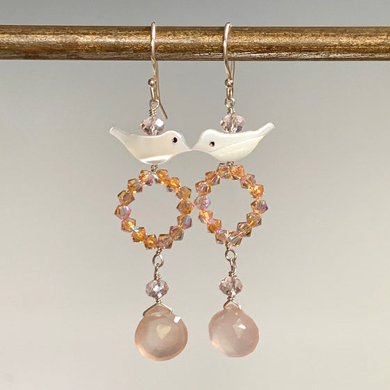 Mother of Pearl Bird with Pink Swarovski Crystal Hoop & Pink Chalcedony Drop Earrings