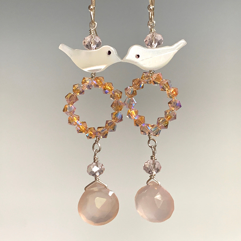 Mother of Pearl Bird on Swarovski Crystal Hoop with Faceted Pink Chalcedony Briolette Drop Earrings