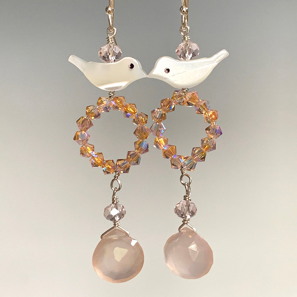 Mother of Pearl Bird with Pink Swarovski Crystal Hoop & Pink Chalcedony Drop Earrings