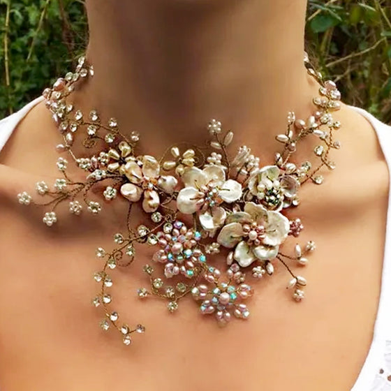 Isabella Keshi Pearl Flower and Swarovski Crystal Neckpiece