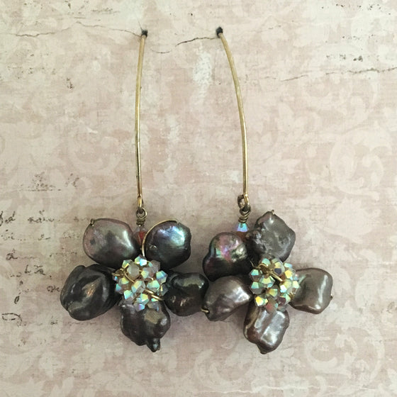 Keshi Pearl Flower and Crystal Arc Earrings