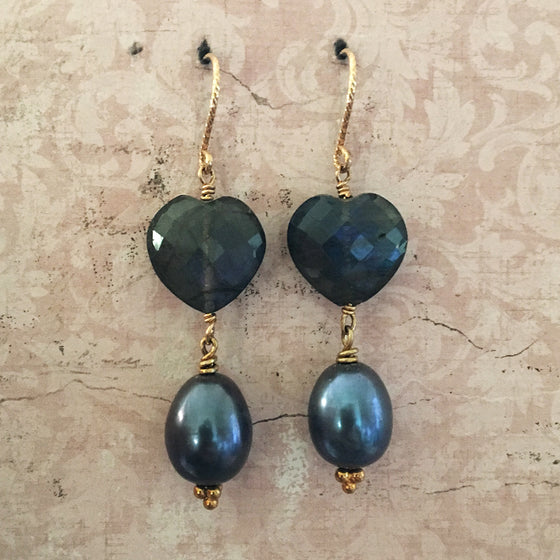Labradorite Faceted Heart and Drop Pearl Earrings
