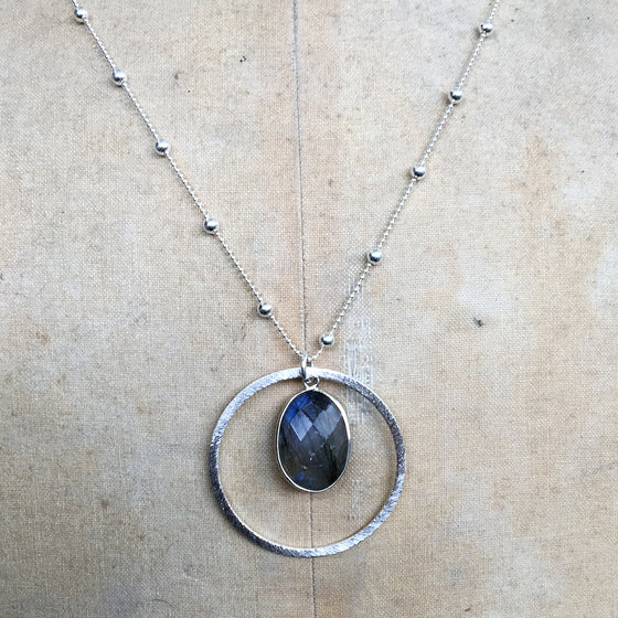Labradorite Halo Necklace on Dotted Chain Necklace